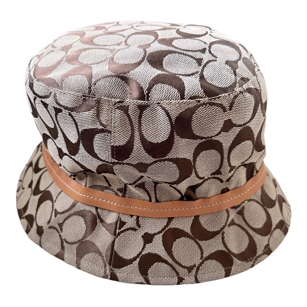 Coach Signature Monogram Jacquard Bucket Hat Khaki Brown Leather Trim SZ M/L